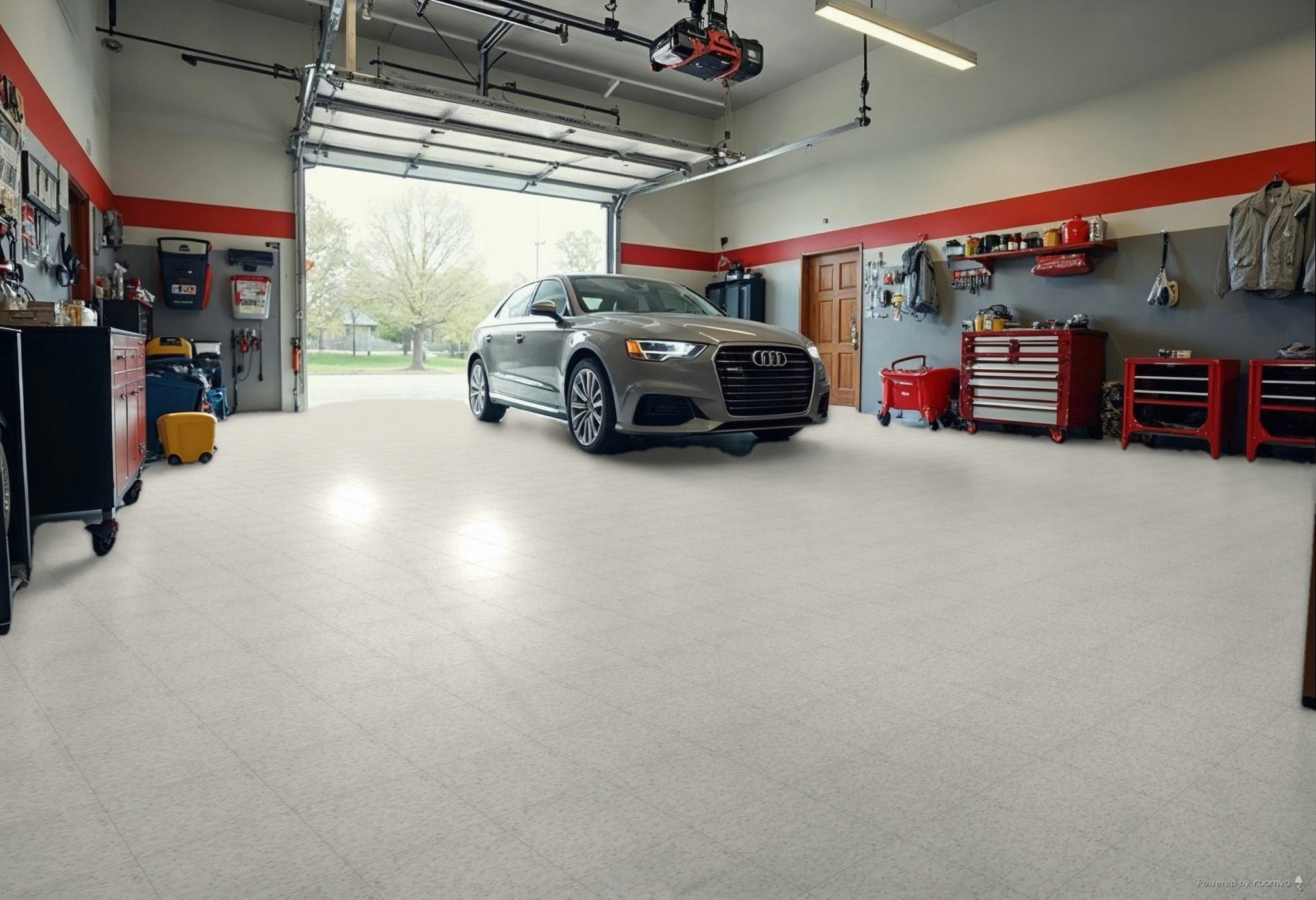 Modern garage with Armstrong Excelon Imperial Texture VCT flooring, featuring a sleek car and organized tool storage, showcasing a durable and stylish vinyl garage flooring solution