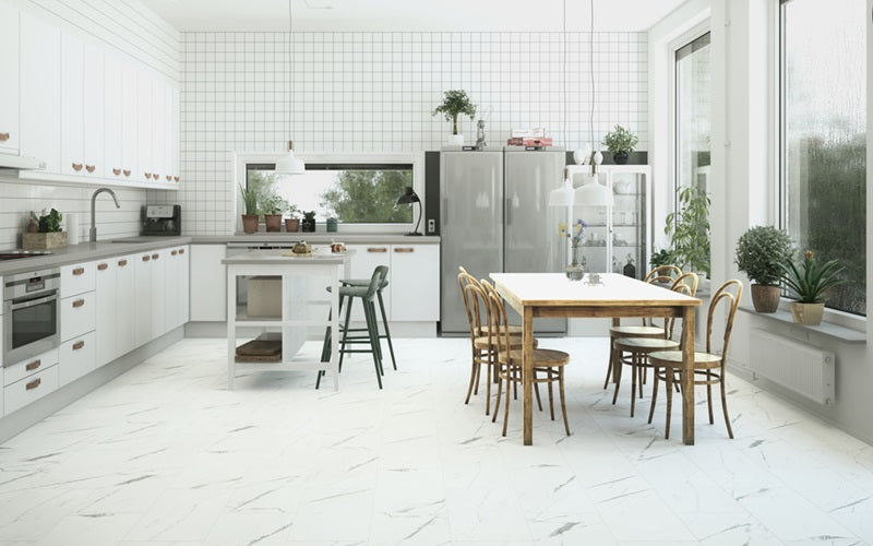 Audacity Flooring Statuario In a Kitchen Featuring Family Dining Area