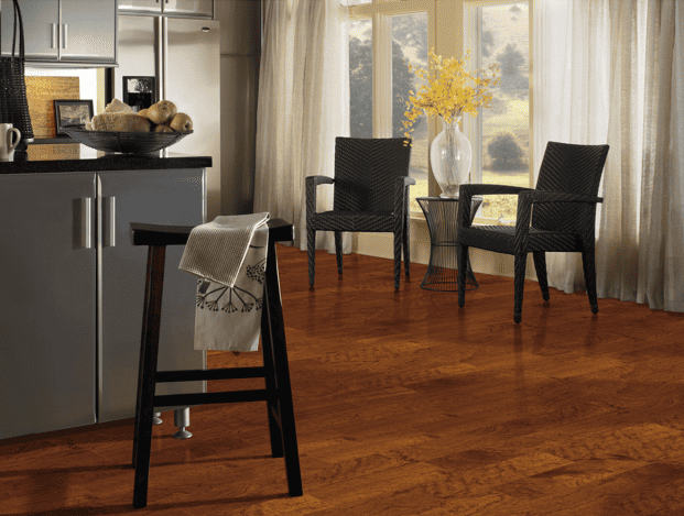 A kitchen design with engineered hardwood flooring