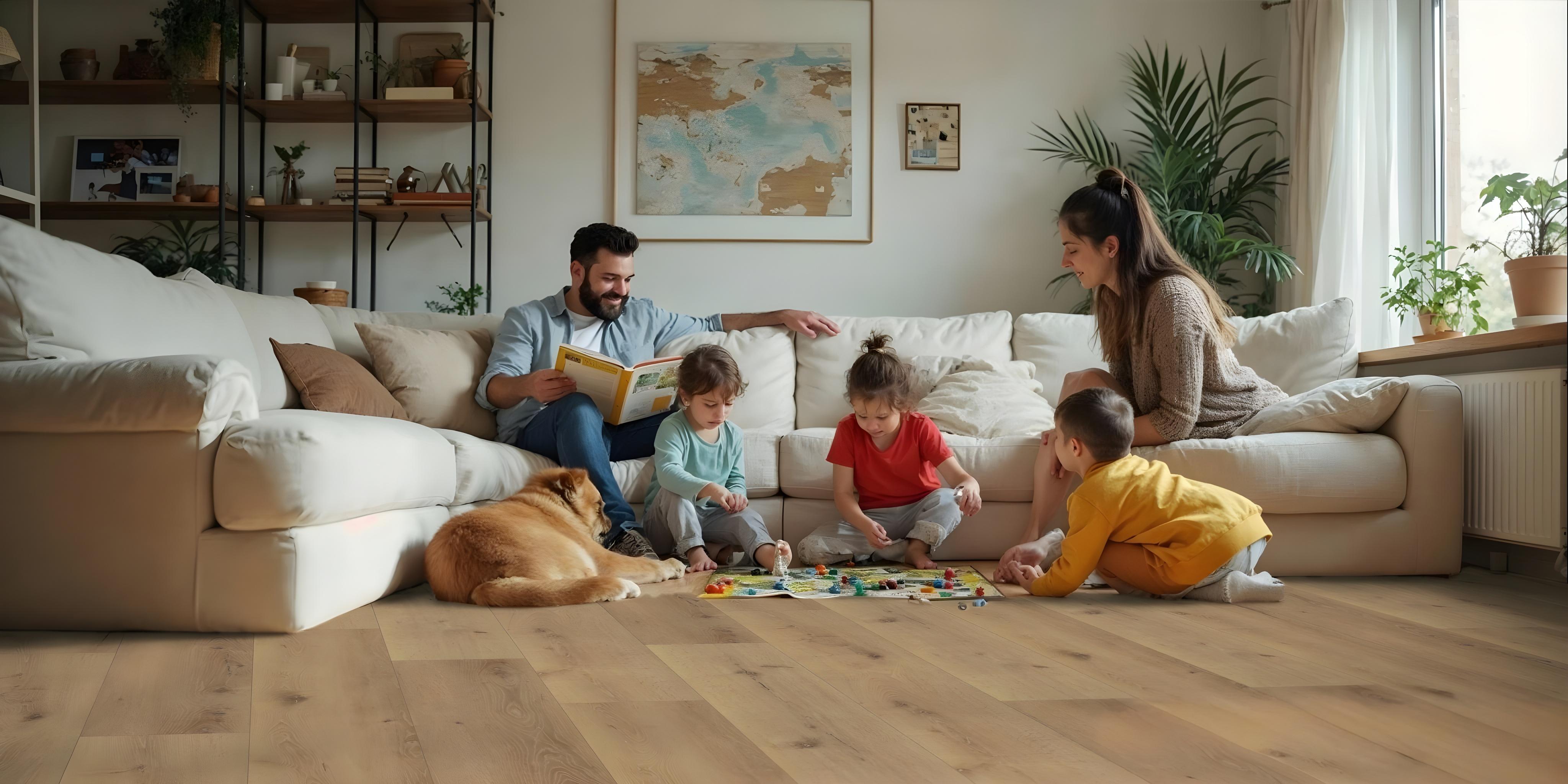 Family enjoying quality time in a cozy living room with COREtec Cairo Oak vinyl flooring, showcasing stylish and durable living room floor ideas perfect for modern homes.