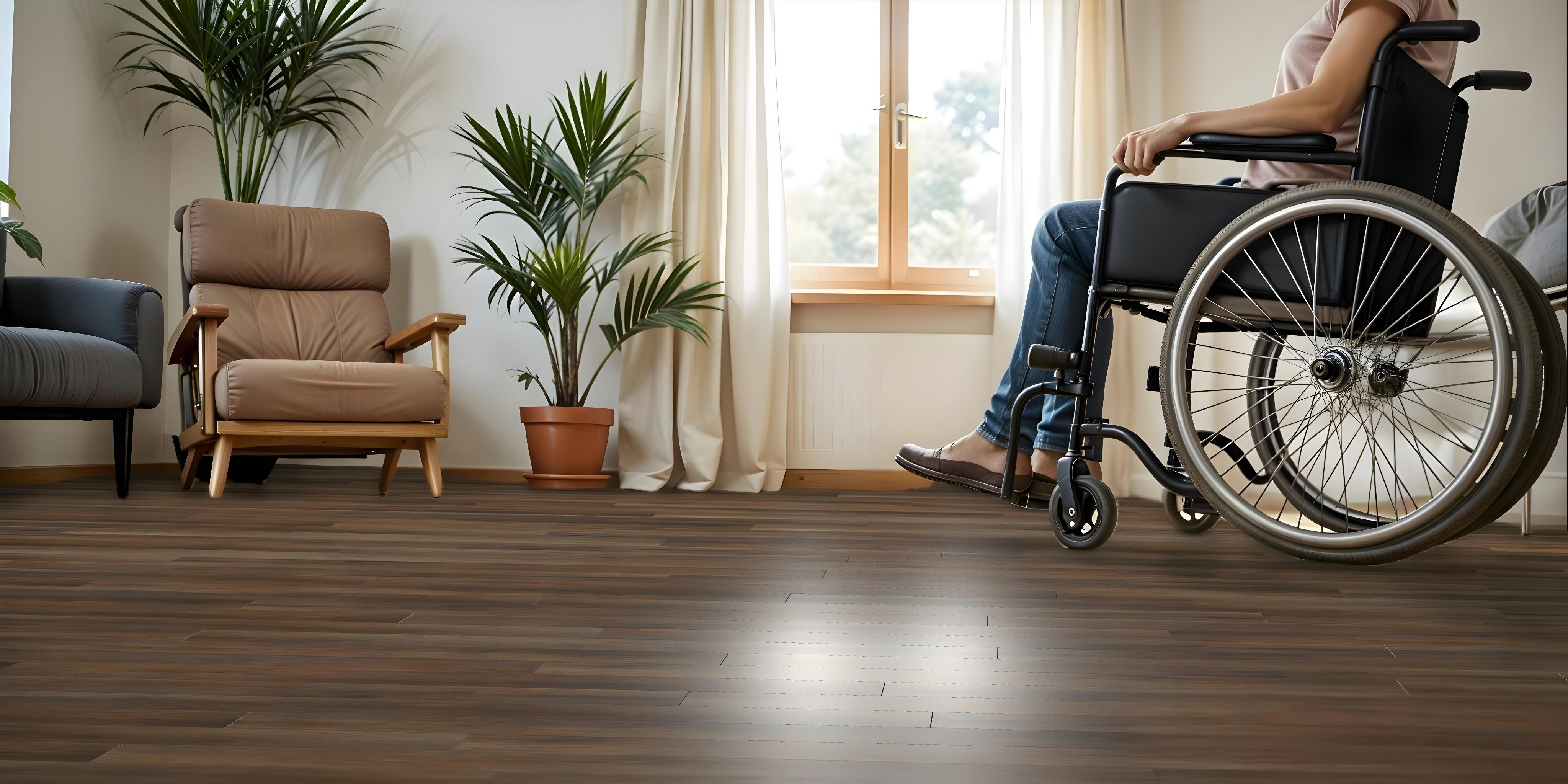 Wheelchair user in a spacious living room with Vinyl Plank Flooring, demonstrating the accessibility and stylish appearance of ADA-compliant wood-look floors in residential settings